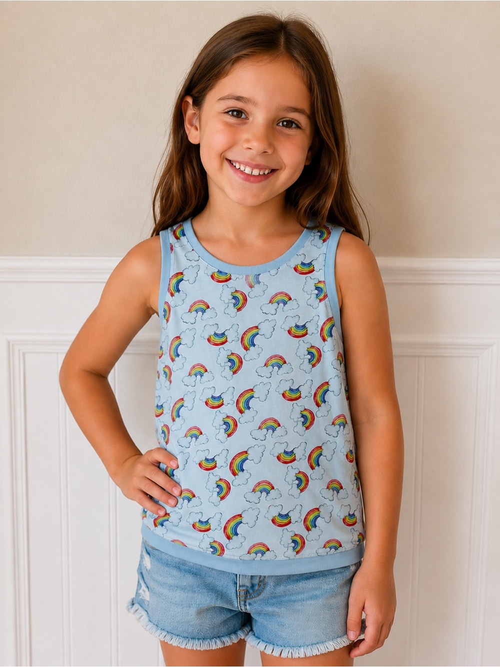 Paper Wings NWT Kids Blue Rainbow Cloud Whimsical Tank 100% Organic Cotton Sz 7